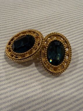 Gold-Tone Oval Clip On Earrings with Deep Teal Stones